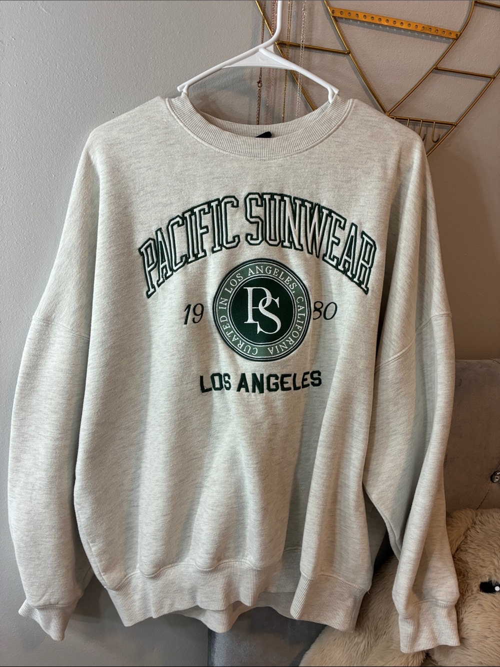 Pacific Sunwear Cream Pullover Sweatshirt with Dark Green Logo